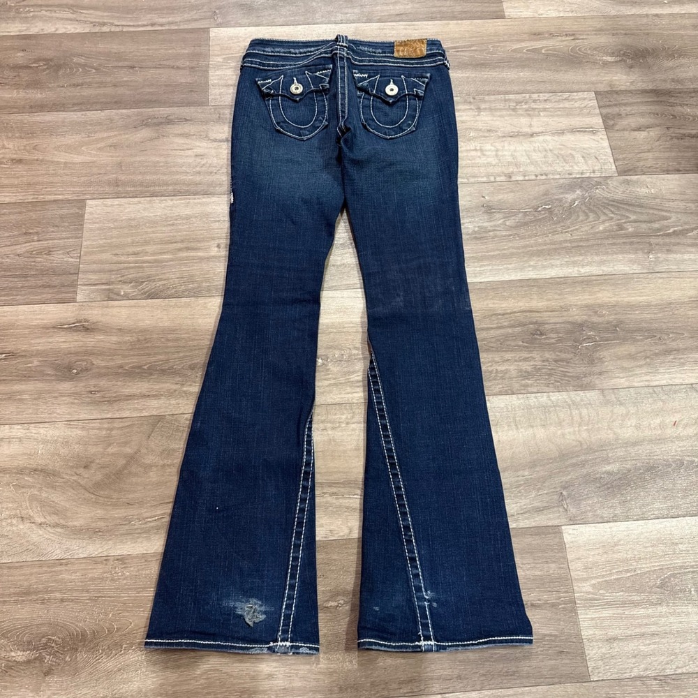 True Religion Joey Super T Flare Jeans Dark Wash White Contrast Stitch Size 28